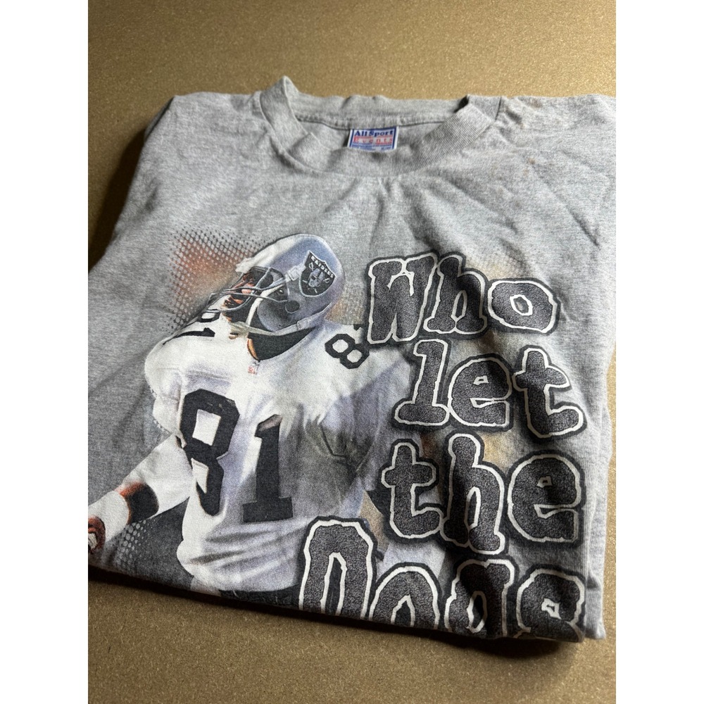 Vintage 2000 Oakland Raiders Tim Brown Who Let The Dogs Out T-Shirt XL Gray NFL